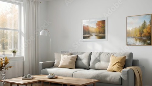 A living room with a modern sense. A view with a sofa and a frame, with an autumn atmosphere, and a neat picture of the interior of the apartment. Generative AI