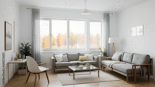 A living room with a modern sense. A view with a sofa and a frame  with an autumn atmosphere  and a neat picture of the interior of the apartment. Generative AI