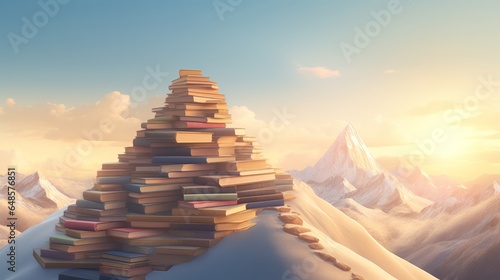 A stack of books on a snowy mountain peak