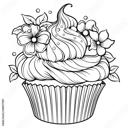 Cup cake coloring book pages for kids, Cup cake outline vector