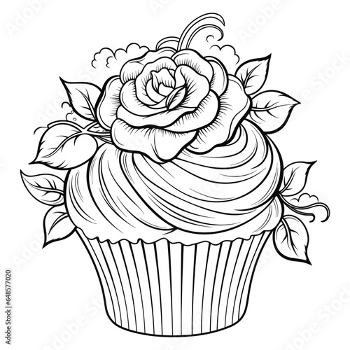 Cup cake coloring book pages for kids, Cup cake outline vector
