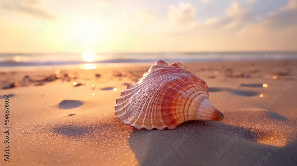 A beautiful seashell illuminated by the warm sunset light on a sandy beach A beautiful seashell illuminated by the warm sunset light on a sandy beach