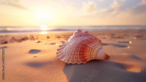 A beautiful seashell illuminated by the warm sunset light on a sandy beach