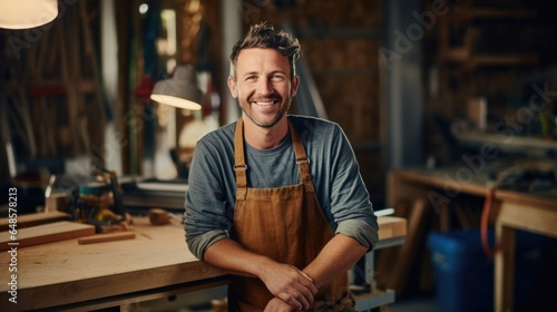 Portrait of carpenter handsome man smiling at factory