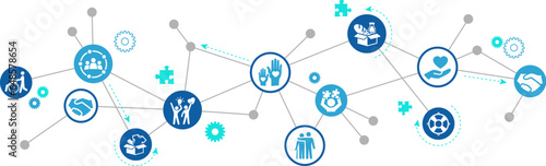 Volunteering & charity vector illustration. Blue concept with icons related to volunteer work & community projects, welfare or charitable donations; social aid, support & help.