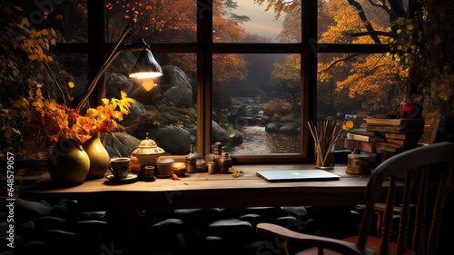cozy interior of autumn living room with autumn leaves, window, coffee and tea. cozy home concept.