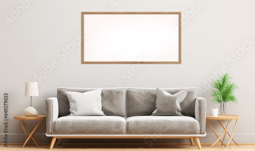 living room with grey sofa and wood frame poster  mockup