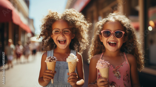 cute little girl eating ice cream with two girls photo
