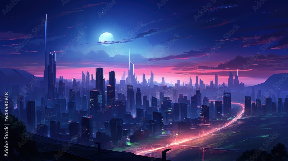 View from a hill of the beautiful city at night game art