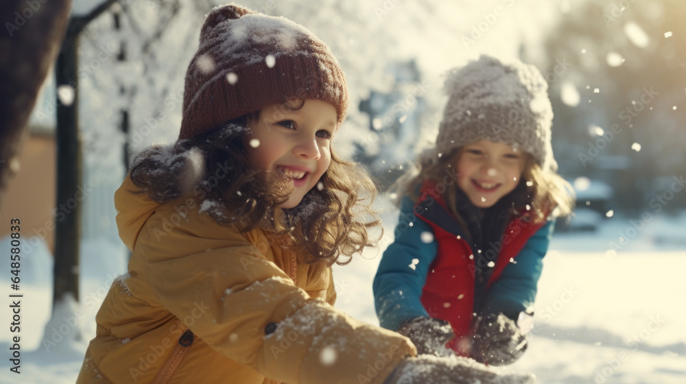 Winter Wonderland Fun: Two Girls Delight in Playing with the Snow Outdoors on a Sunny Winter Day, Creating Cherished Memories. Winter Wonderland Fun: Two Girls Delight in Playing with the Snow Outdoors on a Sunny Winter Day, Creating Cherished Memories.