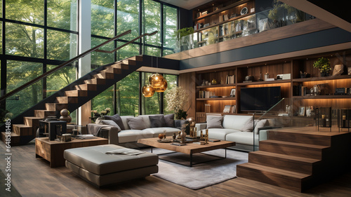 modern living room with fireplace and wooden staircase