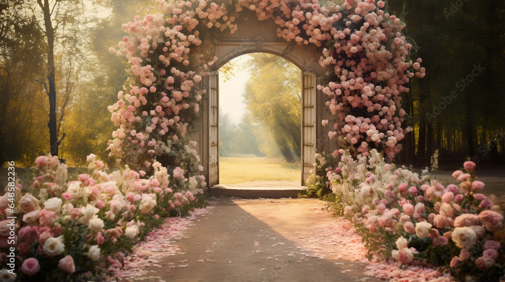 Elegantly adorned wedding arch with a stunning floral pathway