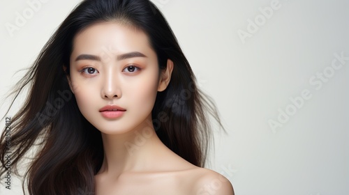 Young asian woman looking at the camera on a white background, clean fresh skin, face care, facial treatment, cosmetology, beauty, and spa