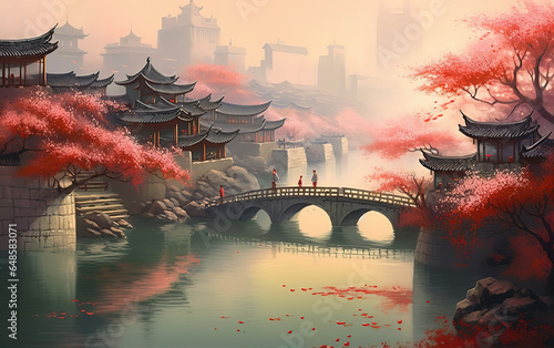 Traditional Chinese Style Painting Landscape,created with generative ai tecnology. photo