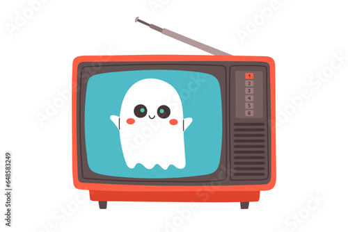 Cute ghost in retro tv. Halloween news old tv. Ghost broadcasting journalist. Live broadcasting. 