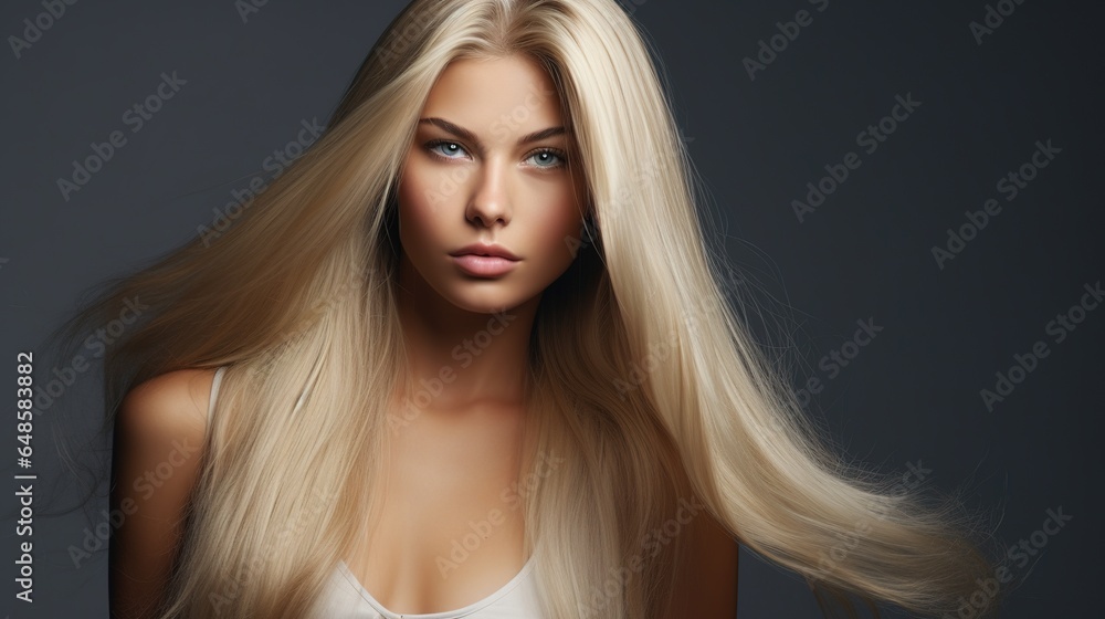 Beautiful young lady with extremely golden hair colour. Stylish hairdo performed in a spa. cosmetics, makeup, and clothing. generative ai Beautiful young lady with extremely golden hair colour. Stylish hairdo performed in a spa. cosmetics, makeup, and clothing. generative ai