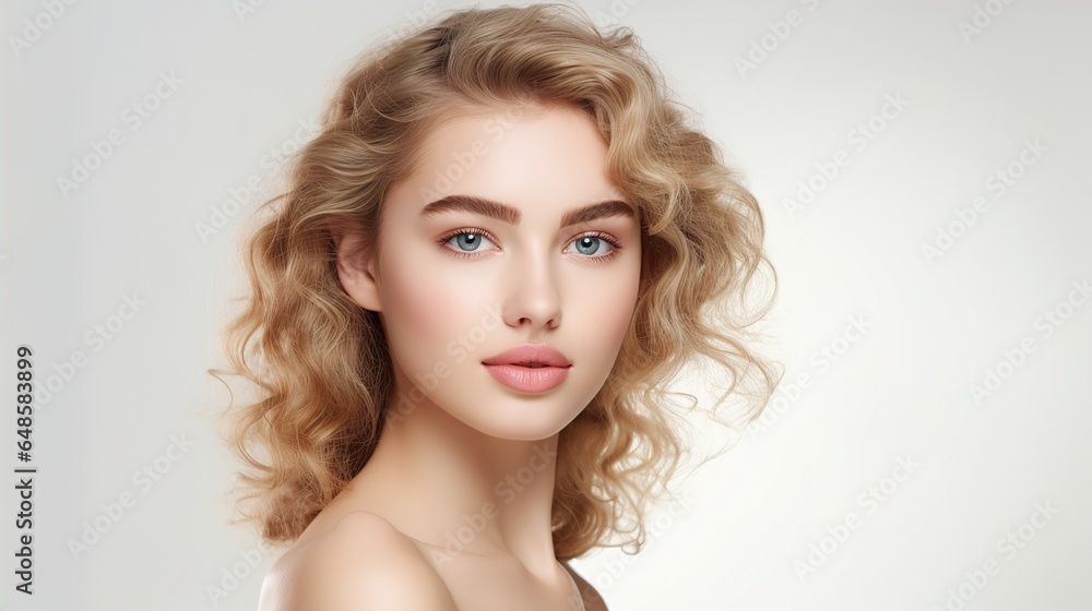 Naklejka premium young woman with clean and fresh skin from a spa. Close-up portrait of a model with good skin. Cosmetology, beauty, and spa services