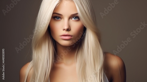 Beautiful young lady with extremely golden hair colour. Stylish hairdo performed in a spa. cosmetics, makeup, and clothing. generative ai