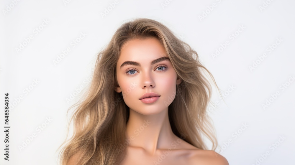 young girl touching her lips. Photo of blonde girl with perfect skin on grey background. Beauty & Skin care concept. generative ai young girl touching her lips. Photo of blonde girl with perfect skin on grey background. Beauty & Skin care concept. generative ai