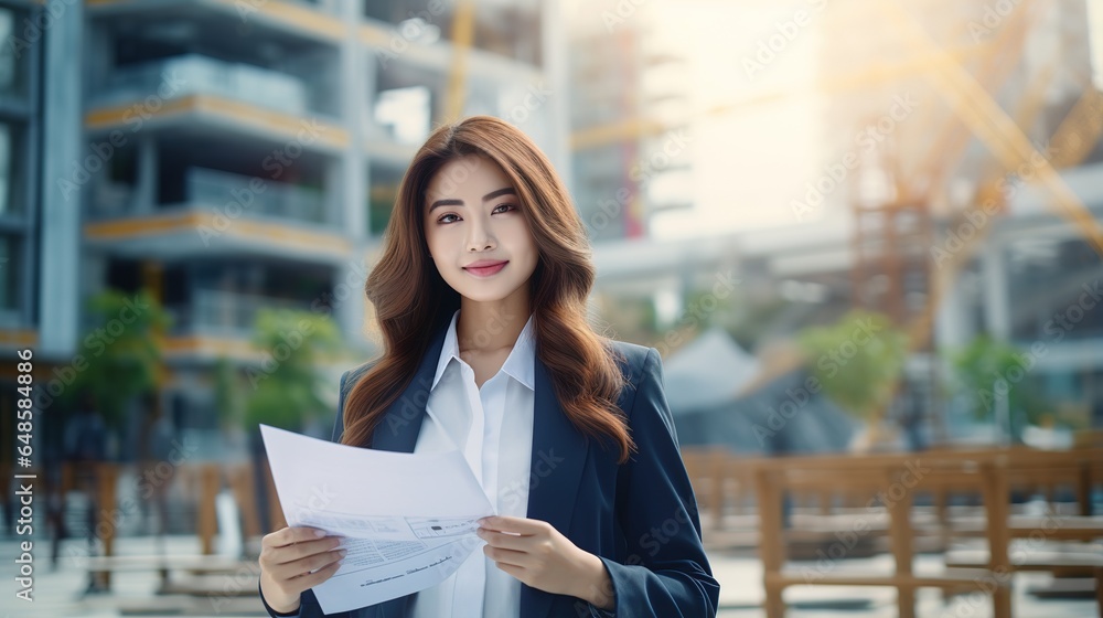 A female engineer inspects a construction site. A woman architect holds a blueprint. generative ai A female engineer inspects a construction site. A woman architect holds a blueprint. generative ai