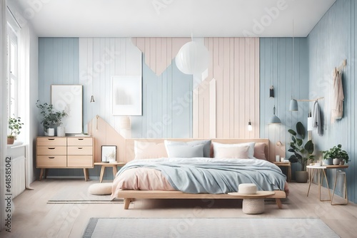 Design a Scandinavian bedroom with a soft pastel color palette 