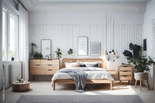 a Scandinavian bedroom with custom-made, handcrafted wooden furniture  photo
