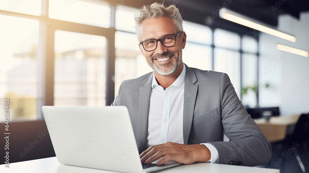 Businessman working on laptop computer at desk office. generative ai Businessman working on laptop computer at desk office. generative ai