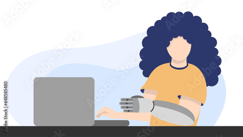 Curly beaurtiful woman with bionic prosthetic arm sit at a table and makes notes in laptop, working. Girl with prosthesis typing on keyboard, for concept of love of life or vitality
 photo