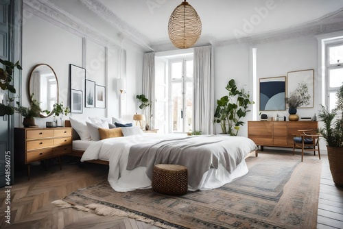 a Scandinavian bedroom with a mix of antique and modern pieces for an eclectic look  photo