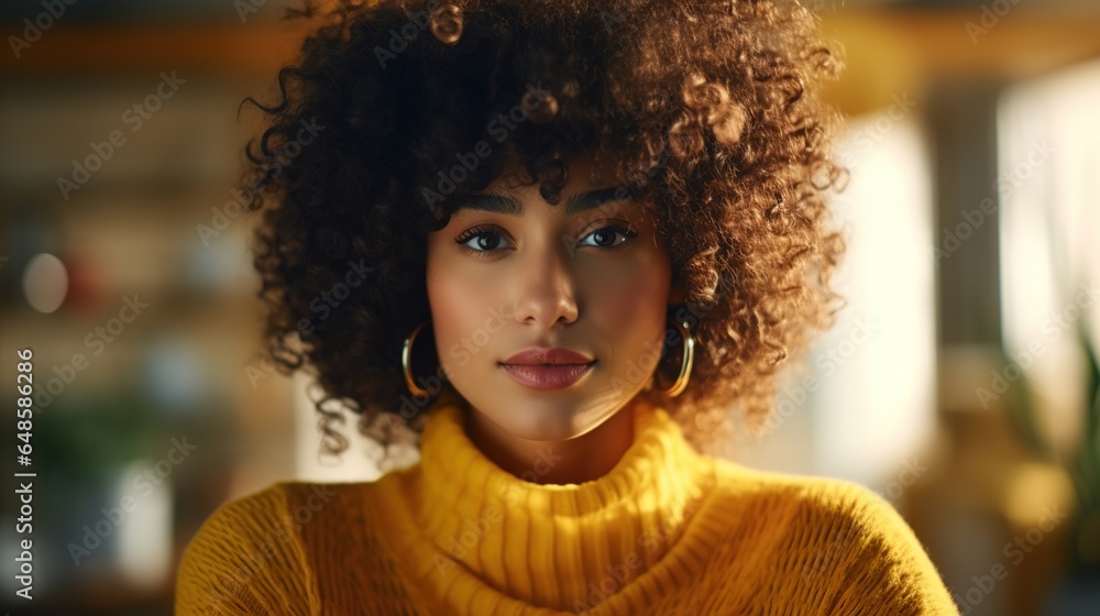 Portrait of a beautiful African-American woman with clear, healthy skin. Lovely afro chick.Black curly hair. generative ai Portrait of a beautiful African-American woman with clear, healthy skin. Lovely afro chick.Black curly hair. generative ai