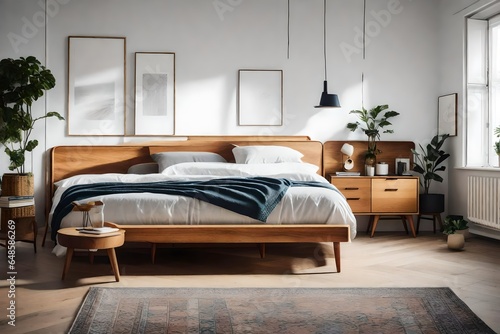 a Scandinavian bedroom with a vintage mid-century modern bed and nightstands  © ayesha
