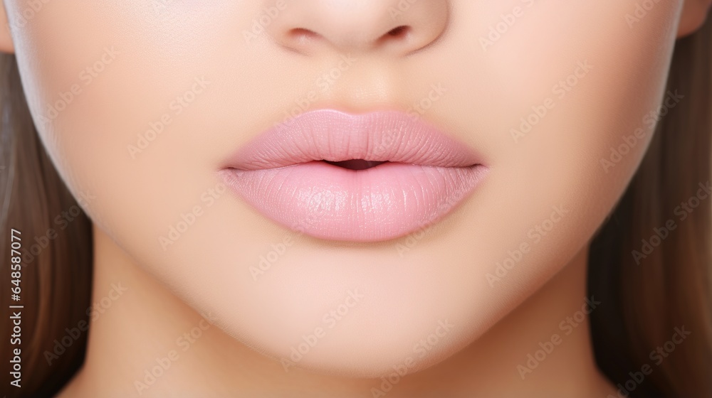 Close-up of a lovely woman's flawless skin care idea, complete with full lips. generative ai