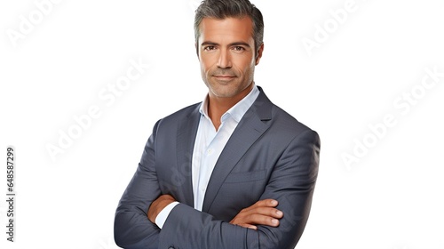 Man in a formal suit smiles at the camera with a toothy smile on a white background. Businessman who is self-assured CEO entrepreneur freelancer manager. generative ai