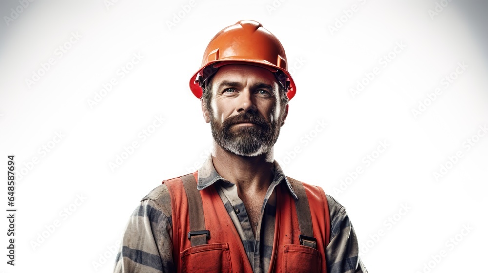 Worker Standing Satisfied Posing with Crossed Hands on a white Studio Background. Make a copy of the space. Industrial engineering. generative ai Worker Standing Satisfied Posing with Crossed Hands on a white Studio Background. Make a copy of the space. Industrial engineering. generative ai
