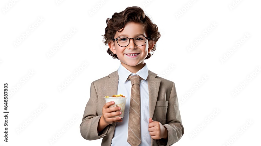 Picture for background a 10-year-old child poses as professor with ice cream isolated on background Picture for background a 10-year-old child poses as professor with ice cream isolated on background