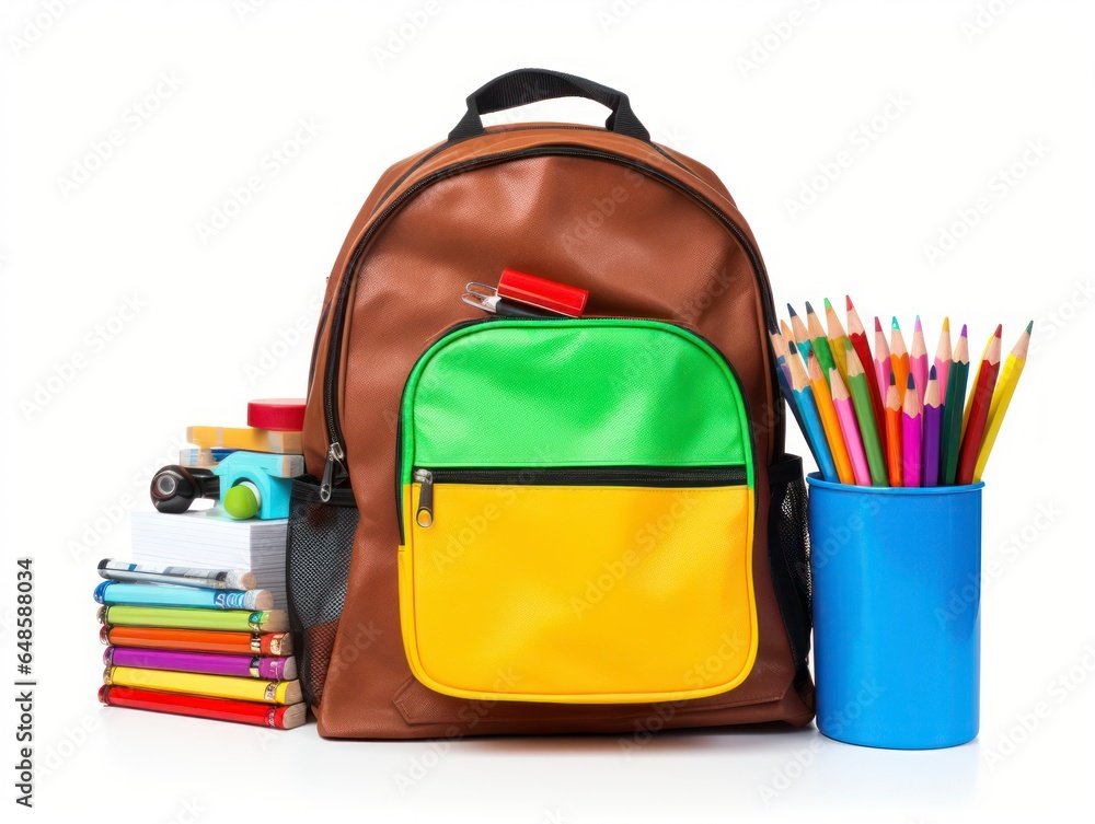 School kit backpack pencils drawing album isolated on white background School kit backpack pencils drawing album isolated on white background