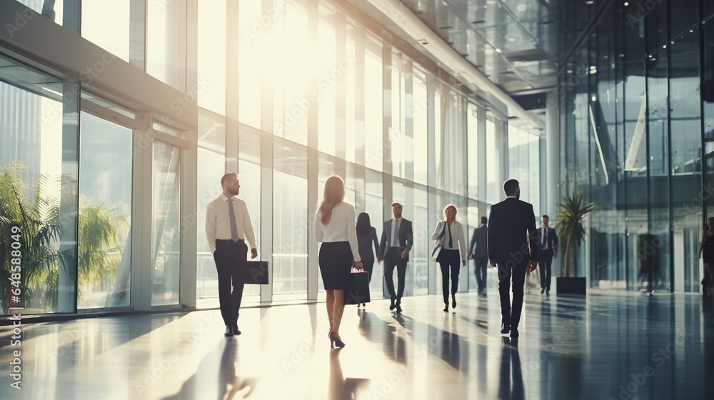 group of people walking in the office building background