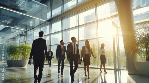 group of people walking in the office building background photo