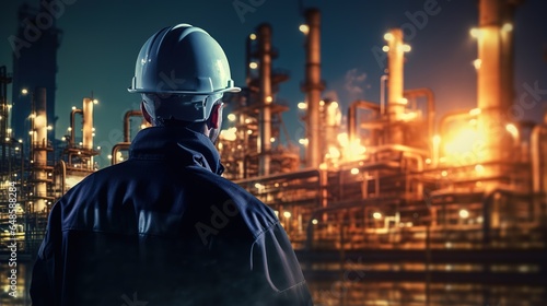 Double exposure of Engineer with safety helmet with oil refinery industry plant background,. generative ai