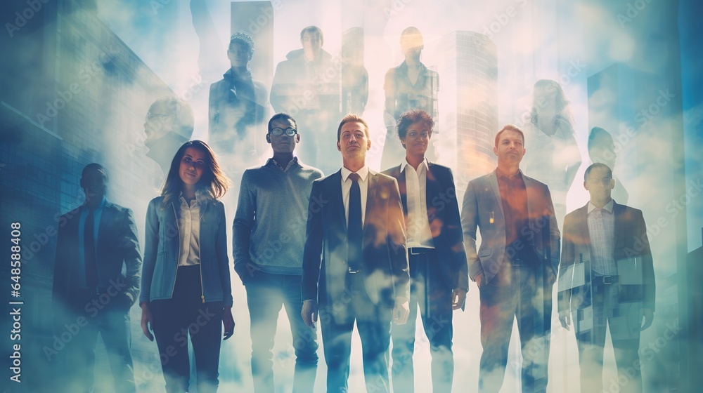 Double exposure Business people walking and standing at city building background Double exposure Business people walking and standing at city building background