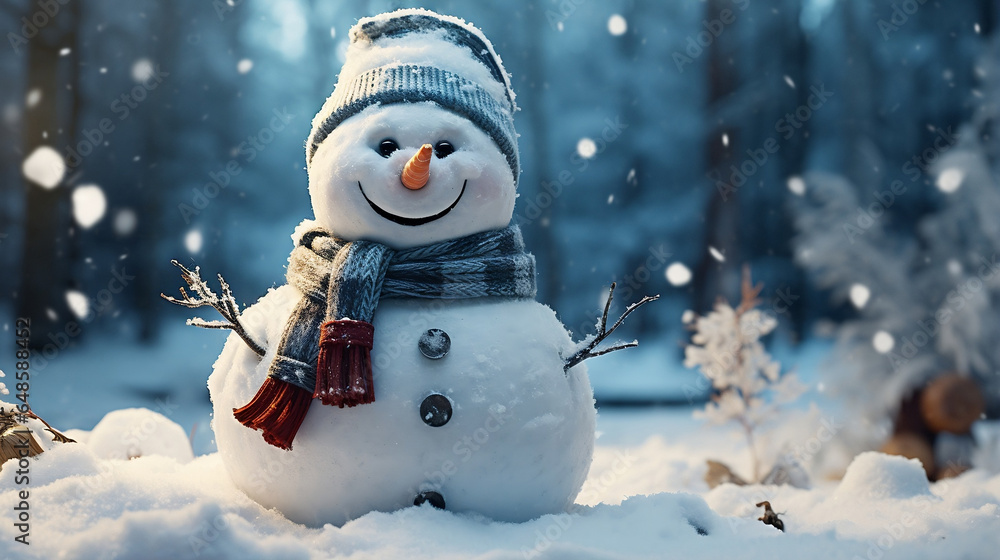 Obraz premium Winter Wonderland, Playful Snowman with Sparkling Snowflakes