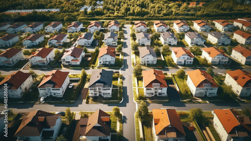 Top view from a drone capturing a city housing development with rows of houses