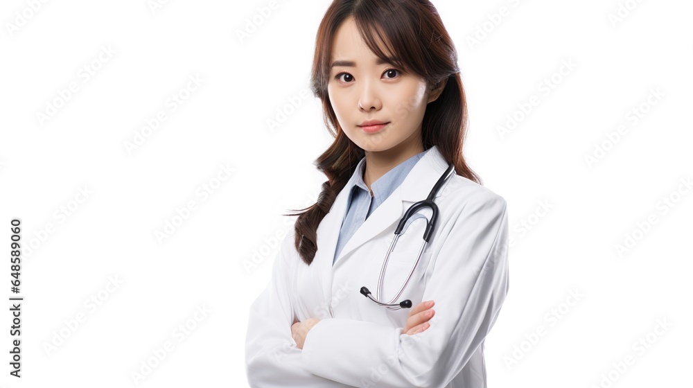 Asian female doctor with stethoscope standing on white background. generative ai Asian female doctor with stethoscope standing on white background. generative ai