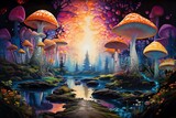 Colorful psychedelic painting of mushrooms in a surreal alien scenery. Generative AI