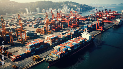 Top view from a drone capturing a busy port area with ships and containers