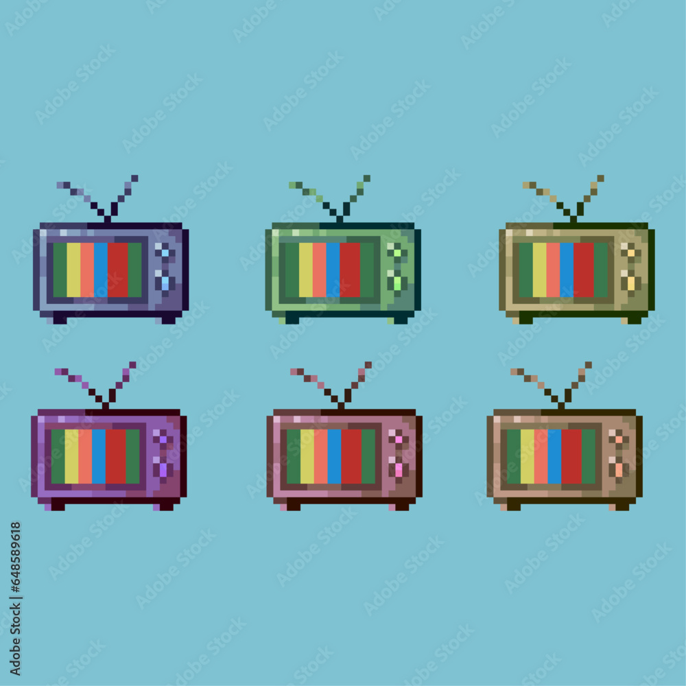 Pixel art sets of television with variation color items asset. simple