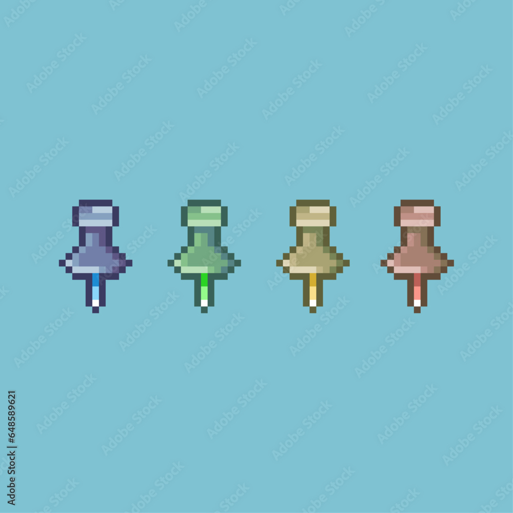 Pixel art sets of needle pin with variation color items asset. simple bits of needle pin on pixelated style.8bits perfect for game asset or design asset element for your game design asset