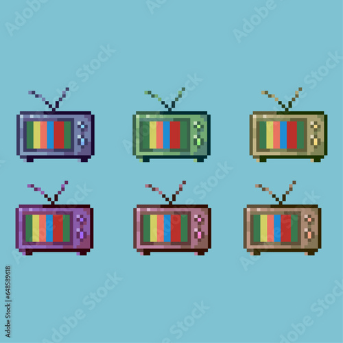 Pixel art sets of television with variation color items asset. simple bits of technology television on pixelated style.8bits perfect for game asset or design asset element for your game design asset