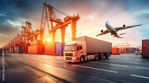 cargo plane, logistic import export background, goods truck with cargo containers in container yard, and concept of the transport industry photo