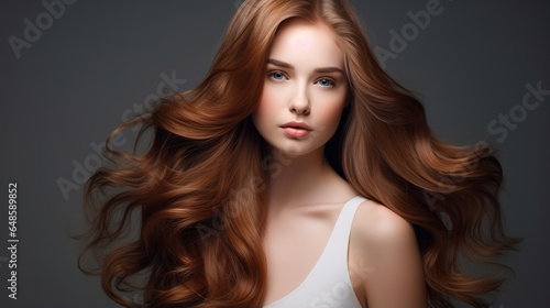 Portrait of elegant stylish young woman with long dark curly healthy shiny hair and makeup, Fashion woman with straight long shiny hair. Beauty and hair care